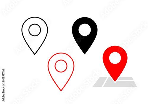 Set of map location pins or markers in outline, solid black, outline red, and solid red with a map background, representing gps navigation and point of interest icons