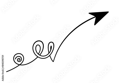 Hand drawn upward trending arrow with decorative spirals and loops, simple black line art indicating growth, progress, or direction change