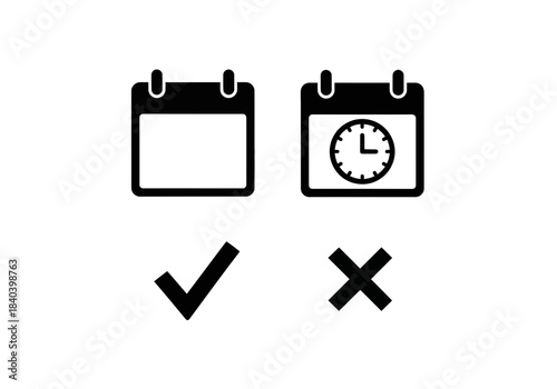 Calendar icons set with check mark and cross mark, schedule planning, time management, selection and rejection concept, simple black and white vector illustration