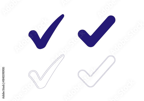 Set of four check mark icons, two solid dark blue and two outlined, symbolizing approval, correctness, or completion on a
