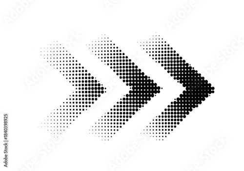Three right pointing arrows made of halftone dots, fading in size and density