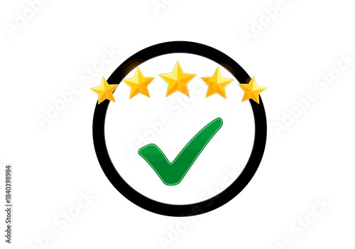 Five star rating with green checkmark inside a black circle