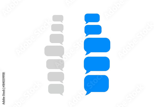 Set of chat bubbles, message icons, speech balloons for sms conversation, incoming and outgoing messages, grey and blue colors