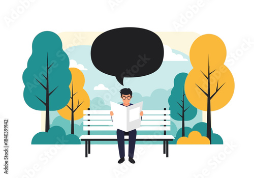 Man sitting on a park bench reading a book or newspaper with a large black speech bubble above his head, surrounded by trees and nature scenery, flat vector illustration