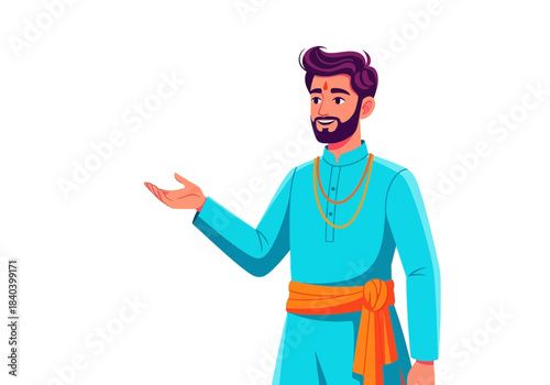 Indian man in traditional blue kurta and orange sash gesturing