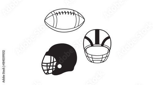 A minimalist depiction of a football basketball and american football helmet in a black and white design on transparent background silhouette high quality professional detailed modern