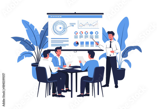 Business team meeting with presentation screen showing charts and graphs, flat design illustration