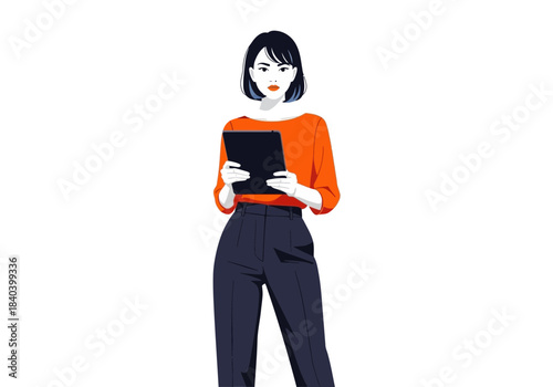 Modern young woman holding digital tablet, standing