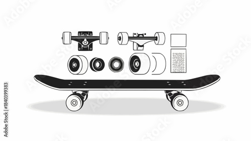 Skateboard components layout on white background showing assembly  