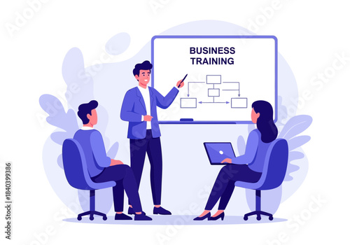 Business training session with trainer presenting flowchart on whiteboard to two employees