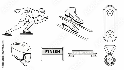 Skater racing on ice with finishing line and medals concept of Skating  