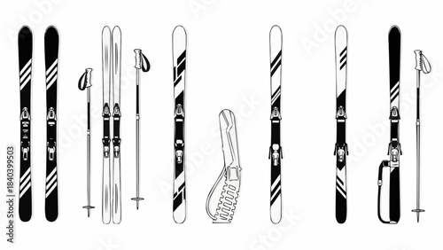 Skiing equipment including skis, poles, and bindings in monochrome design  