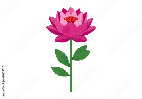 Pink lotus flower with green stem and leaves, embroidery style illustration