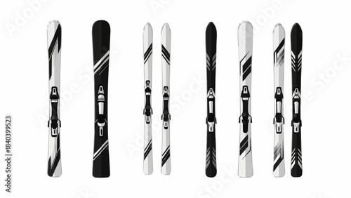 Ski equipment collection featuring black and white designs on white background  