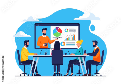 Business team attending an online presentation or video conference meeting with charts and graphs on screen
