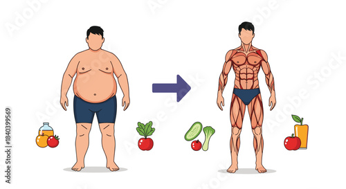 Body transformation from overweight to muscular and fit through diet exercise and healthy habits shown with fresh fruits vegetables and hydration.