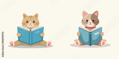 Charming illustration of two happy cartoon felines deeply engrossed in their books, symbolizing a peaceful love for learning and the cozy comfort of literary adventures
