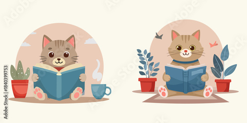 Cute cartoon cat reading a book with a cup of tea next to it, surrounded by plants