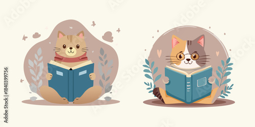 Charming Feline Characters Immersed in Reading Books, Symbolizing the Joy of Learning and Intellectual Growth. A cute concept of education and self-improvement