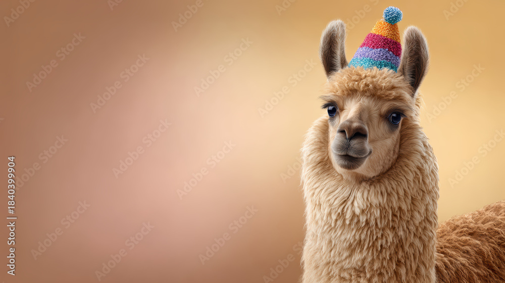 Fototapeta premium Cheerful funny llama animal wearing colorful pom pom party hat. Cute portrait with copy space on brown background for celebration
