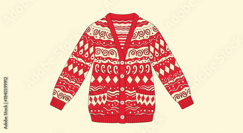 Red knit cardigan with intricate white geometric fair isle patterns featuring diamonds swirls and snowflake motifs spread across a cozy buttoned up design.