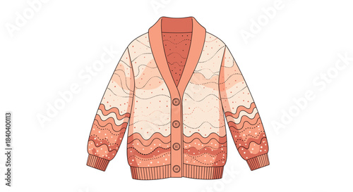 Cozy knitted cardigan with a peach color and a wave pattern in terracotta tones featuring a button front and ribbed cuffs and hem for a textured look.