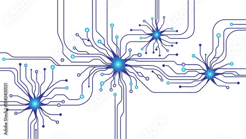 Abstract digital circuit board or neural network illustration with interconnected blue nodes and radiating lines.