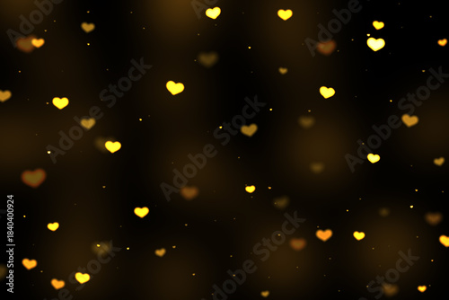 Yellow Heart Bokeh Background, Romantic Glowing Light Overlay on Black, Falling Heart Bokeh Lights, Heart-Shaped Bokeh
