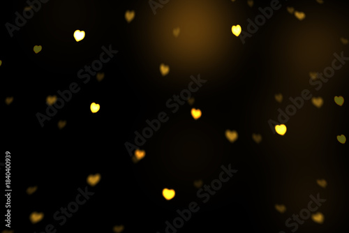 Yellow Heart Bokeh Background, Romantic Glowing Light Overlay on Black, Falling Heart Bokeh Lights, Heart-Shaped Bokeh