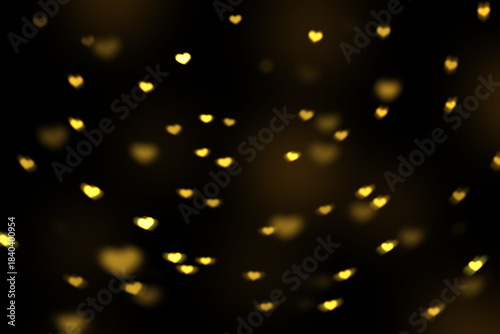 Yellow Heart Bokeh Background, Romantic Glowing Light Overlay on Black, Falling Heart Bokeh Lights, Heart-Shaped Bokeh