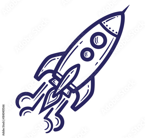 Retro rocket illustration in outlined style taking off into space for innovation concept