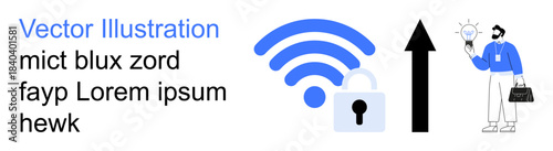 Cybersecurity, technology innovation, business growth, data protection, online services, wireless communication. Blue wireless symbol, padlock upward arrow. Cybersecurity and technology innovation