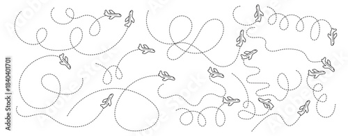 Airplane flight path doodle pattern with dashed travel lines and multiple plane routes – vector aviation background design