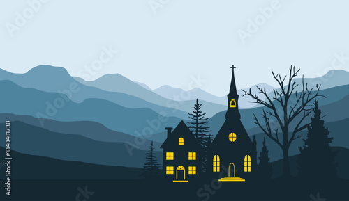 Eerie silhouette of a glowing church and house nestled against layered blue mountains at twilight