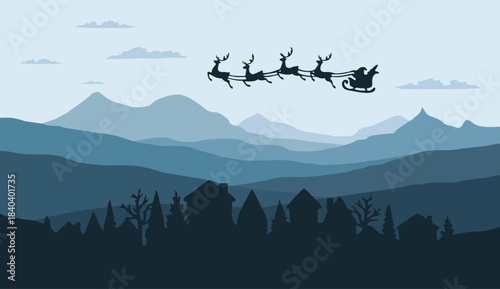 Magical Santa sleigh silhouette soars over layered blue mountain landscape above a quiet winter village