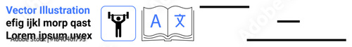 Education, fitness, multilingual learning, knowledge growth, self-improvement, training resources. Open book with language symbols and a weightlifting icon. Education and fitness training