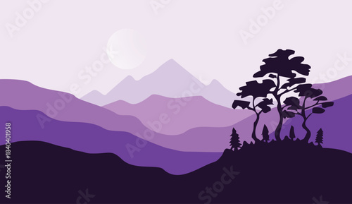 Stunning purple layered mountain landscape at dusk with silhouetted pine trees under a soft glowing moon