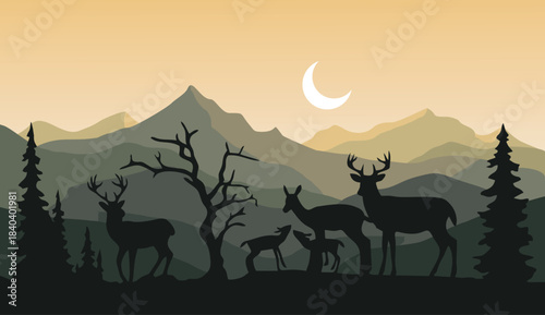 Stunning deer family silhouette grazing under a crescent moon in layered mountain wilderness at twilight