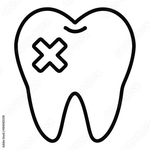 Outline icon of a tooth with a cross symbol indicating damage or decay dental line art