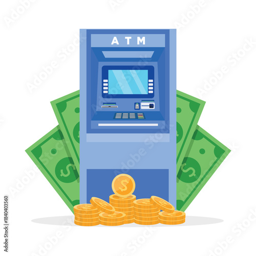 ATM Machine with money and coin Vector Illustration flat style design. Cash withdrawal.