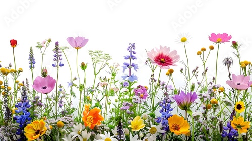 Spring flowers border clean white background isolated on white background