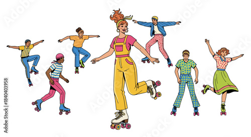 Vibrant roller skating fun with friends, a retro style illustration for your project, perfect for expressing joy, activity, and a cool vintage vibe