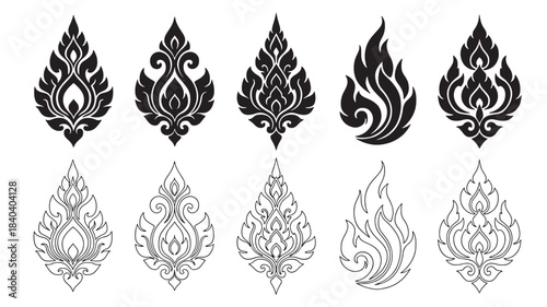 a collection of ornate thai flame motifs in black ideal for design projects and artistic expression on transparent background silhouette high quality professional detailed modern elegant