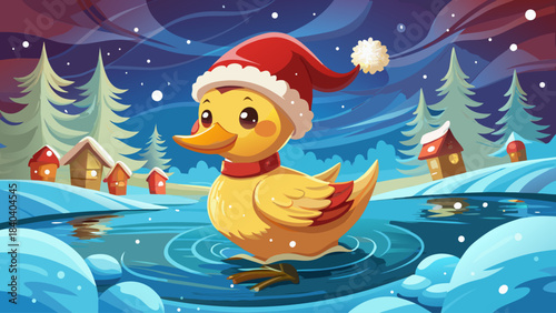 Charming little duckling in a red Santa hat gliding over calm winter water, with snowflakes drifting around and a cozy Christmas mood filling the peaceful scene