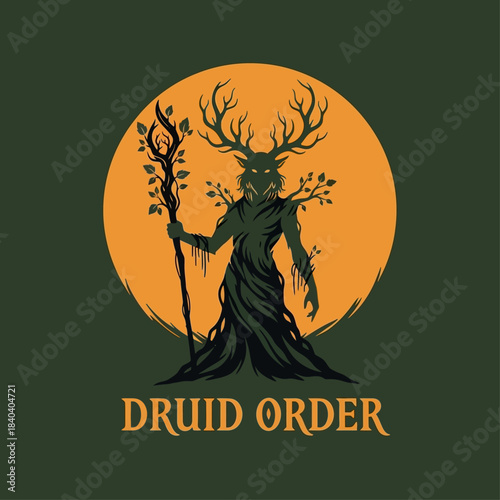 Stylized illustration of a druid-like figure with deer antlers and a tree-like body holding a staff against an orange moon, with 'DRUID ORDER' text.