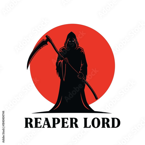 Black silhouette of the Grim Reaper holding a scythe in front of a red full moon, with 'REAPER LORD' text below, in a graphic logo style.