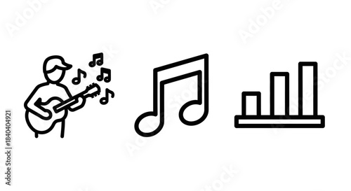 Music Icons Depicting a Musician, Note, and Equalizer.