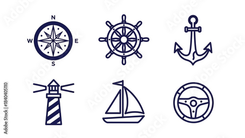 Nautical Icons Set - Compass, Ship Wheel, Anchor, Lighthouse, Sailboat, Car Steering Wheel.