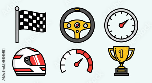 Racing Icons - Checkered Flag, Steering Wheel, Speedometer, Helmet, and Trophy.
