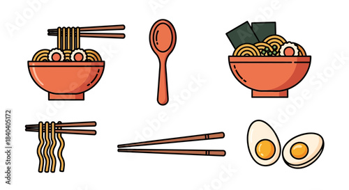 Ramen Bowl Illustration with Noodles, Spoon, Chopsticks, and Boiled Eggs.